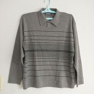 Lord&Taylor Polo Sweater Mens L/M*Gray Striped Merino Wool Collared Italy Preppy